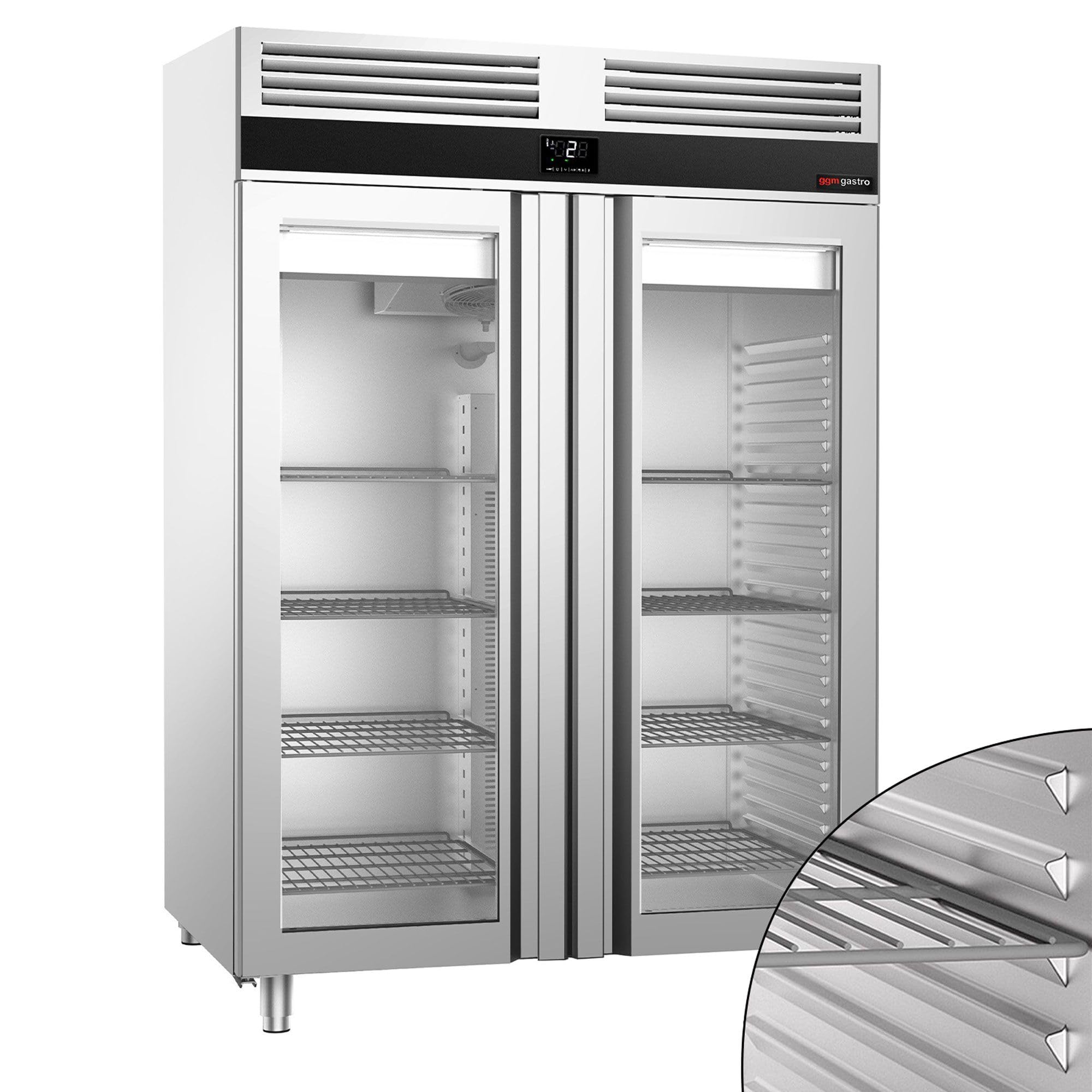 GGM Gastro Kühlschrank 1350 L, 1400 mm, 2 Glastüren | robuste Edelstahlbauweise, lebensmittelecht, energieeffiziente Umluftkühlung, wartungsfreundlich, für Dauereinsatz