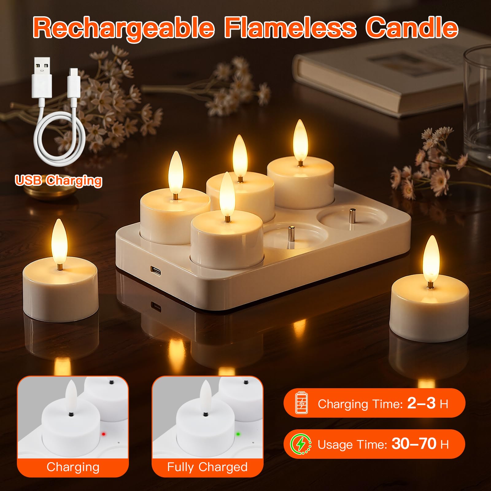 Ketom LED Teelichter mit Timer, Elektrische Teelichter Aufladbar, 6 Stück | Flammenlose LED Teelichter mit Fernbedienung und Ladestation, Dimmbar, Timer, Warmweiß, für Party Home Halloween Decoration
