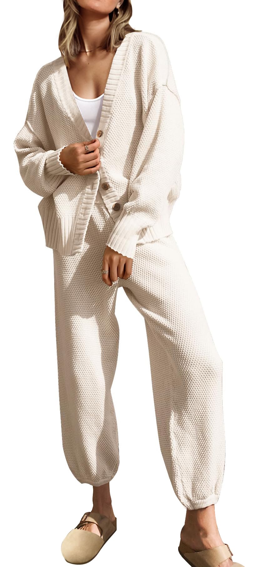 SAUKOLE Womens Two Piece Outfits Knit Sweater Sets Oversized Button Down Cardigan and Long Pants Matching Lounge Set