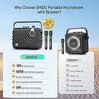 Vista 7 de SHIDU Amplificador de voz de potencia de 120 W con 2 micrófonos inalámbricos Bluetooth, micrófono profesional con altavoz, sistema PA portátil