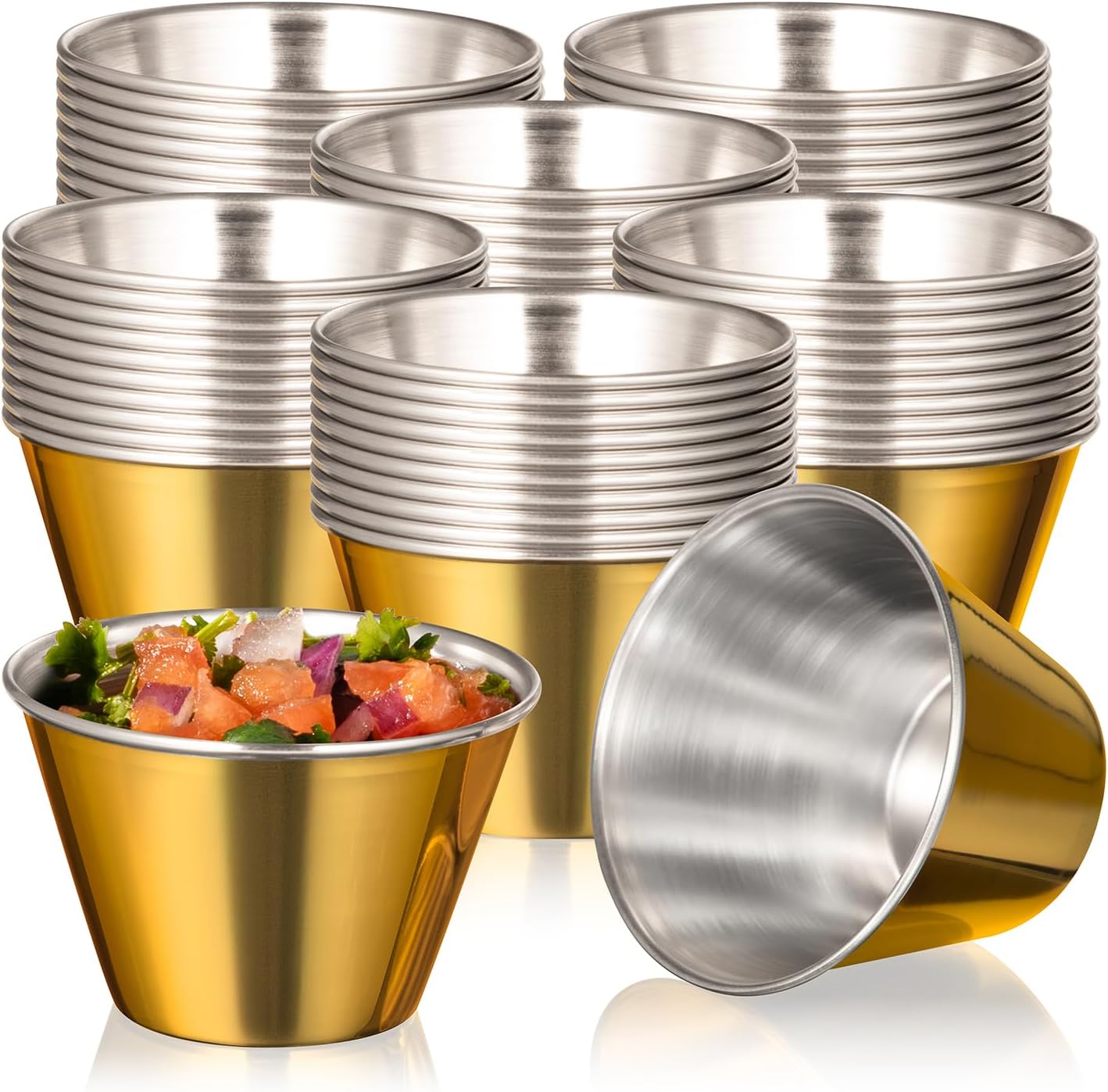 Fit Meal Prep 120 Pack 4 oz Gold Stainless Steel Dipping Sauce Cups, Reusable Metal Ramekins, Commercial Grade Condiment Bowls, Individual Portion Cups, Small Round Au Jus Cup for Home, Restaurant