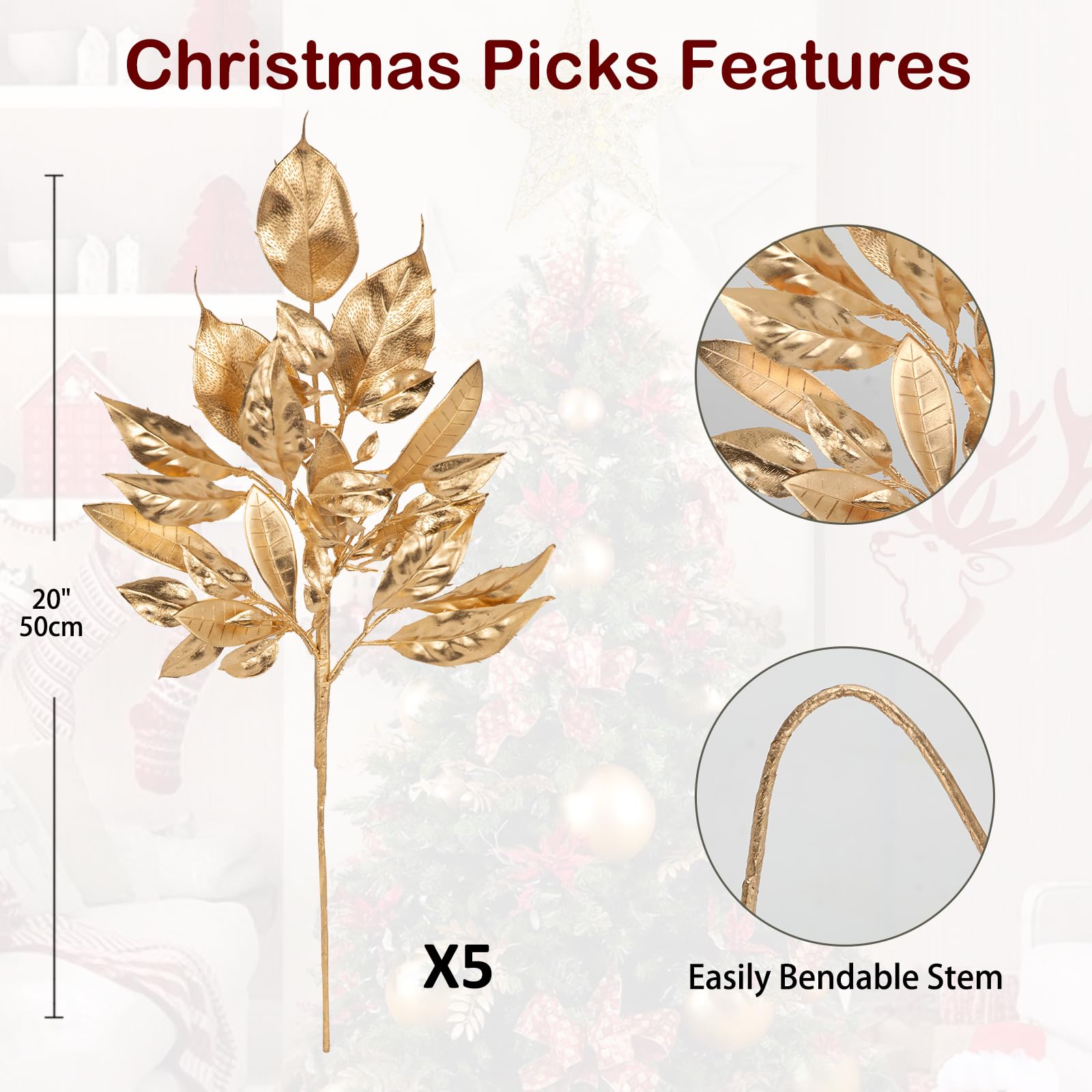 Künstliche Blätter für Weihnachtsdekoration, 50,8 cm, Metallic-Gold, künstliche Magnolie und Lorbeerblätter, künstliche tropische Blätter mit Stielen für Urlaub, Party, Dekoration, Weihnachtsmantel,