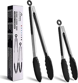 HOTEC Premium Stainless Steel Locking Kitchen Tongs with Silicon Tips&comma; Set of 2-9" and 12"