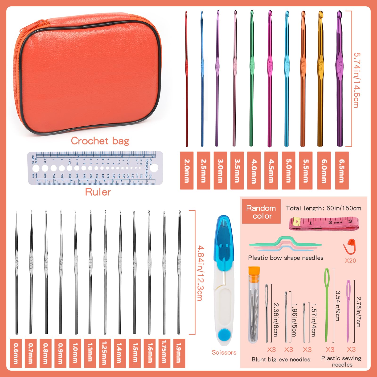 NAMOON 60 Pcs Crochet Hook Set, Crochet Needles Set including Storage Case, Ergonomic Crochet Kit with Hand Sewing Needles - Image 2