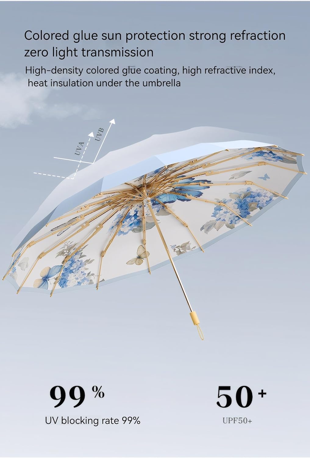 Meichoon Retro Sun Umbrella UPF50+ UV Protection Large 102cm/40in for 2 Person Upgrade Thickened Double-bone Fiberglass 16 Rib Waterproof Wind Resistant Folding Parasol for Women Travel Wood Handle