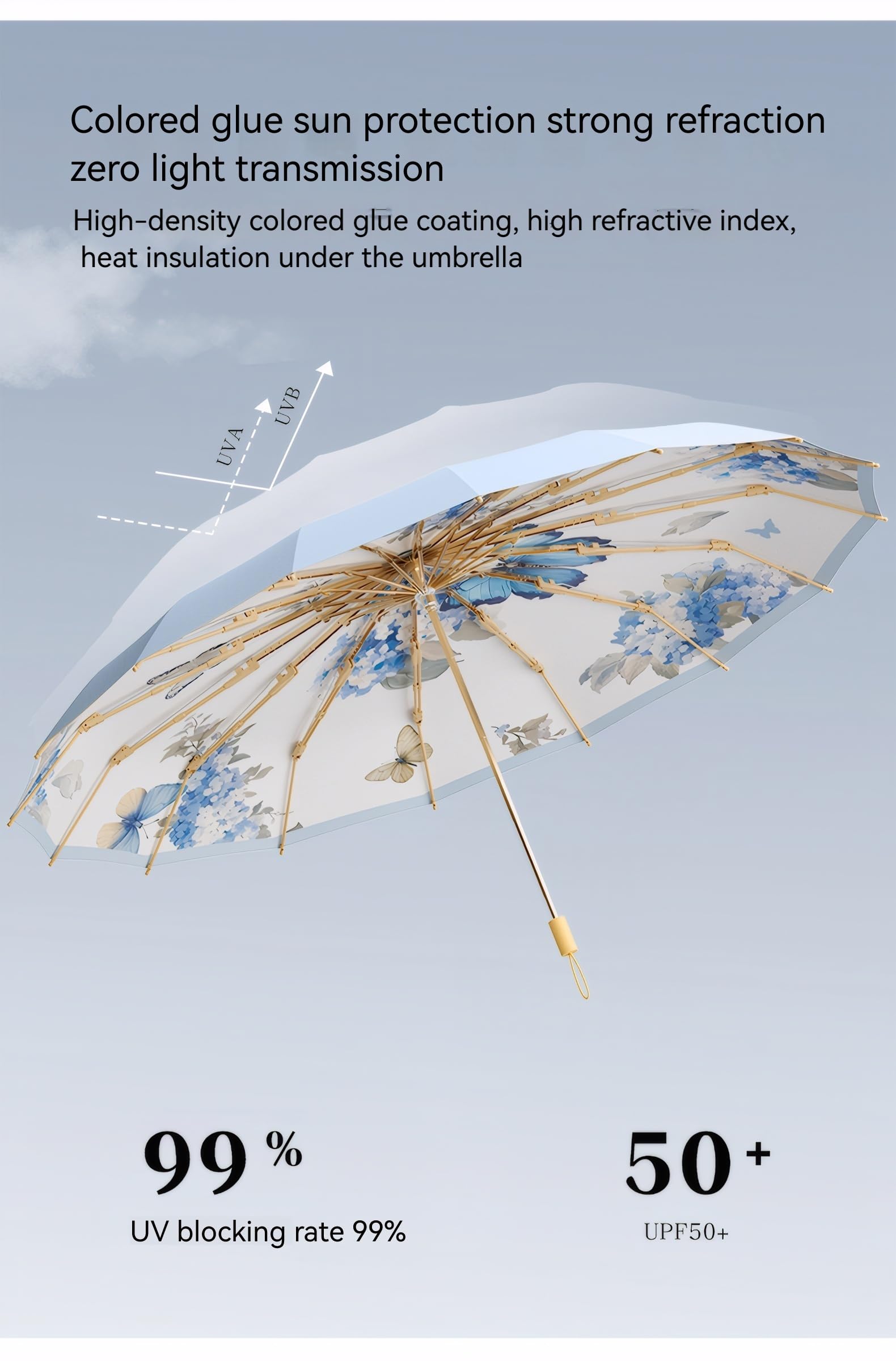 Ombrello da sole retrò UPF50+, protezione UV, grande, 102 cm, per 2 persone, in fibra di vetro ispessita, a doppio osso, 16 costole, impermeabile, resistente al vento, pieghevole, per donne
