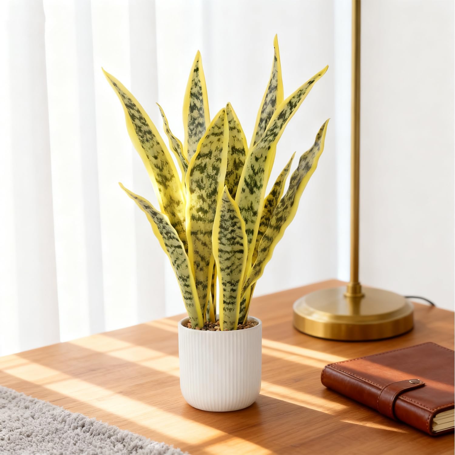 Artificial Realistic Snake Plant 21.5" with White Pot | Fake Sansevieria Greenery Plants Faux Snake Plant for Home Office Living Room Housewarming Gifts Indoor Decor-LightYellow