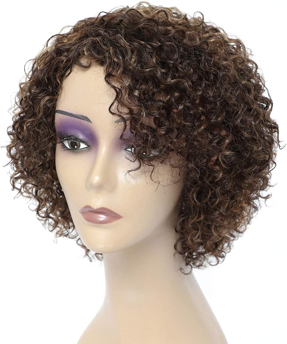 HUA Kinky Curly Short Wigs for Black Women Human Hair Chocolate Brown Mix Medium Auburn Curly Human Hair Wigs for Black Women Glueless 4/30 Color Short Wigs for Women