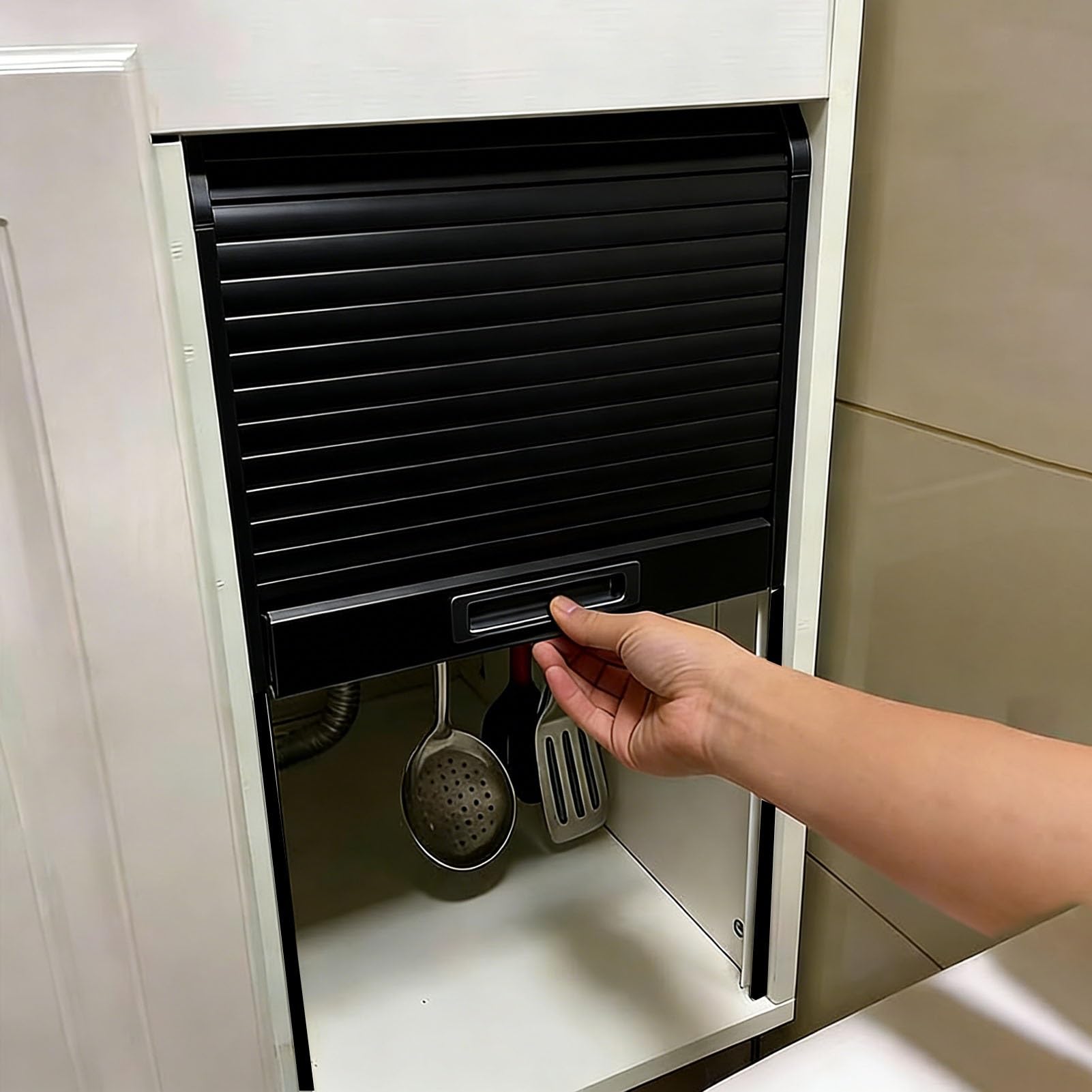 WhamtL Folding Door ABS Cabinet Tambour Door Kit Flexible Black, Roll Down Partition Gate Window Storage Cabinet, Privacy Roller Door for Counter Shop Kitchen(22x36in(56x91cm))