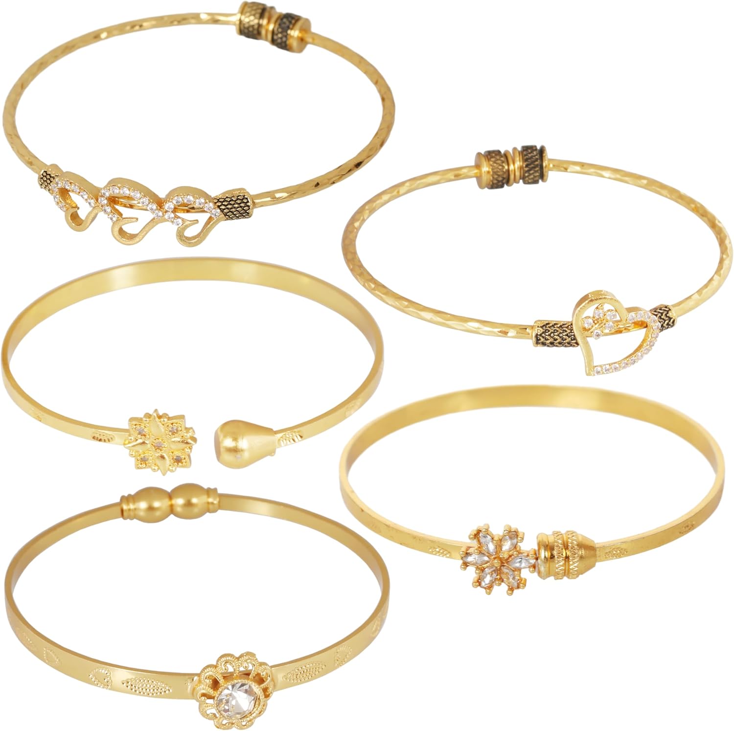 Touchstone Indian Bollywood Handcrafted Engraved Etched Floral Round Rhinestones Cubic Zirconia CZ Designer Jewelry Openable Elegant Gold Plated Bracelets Combos for Women