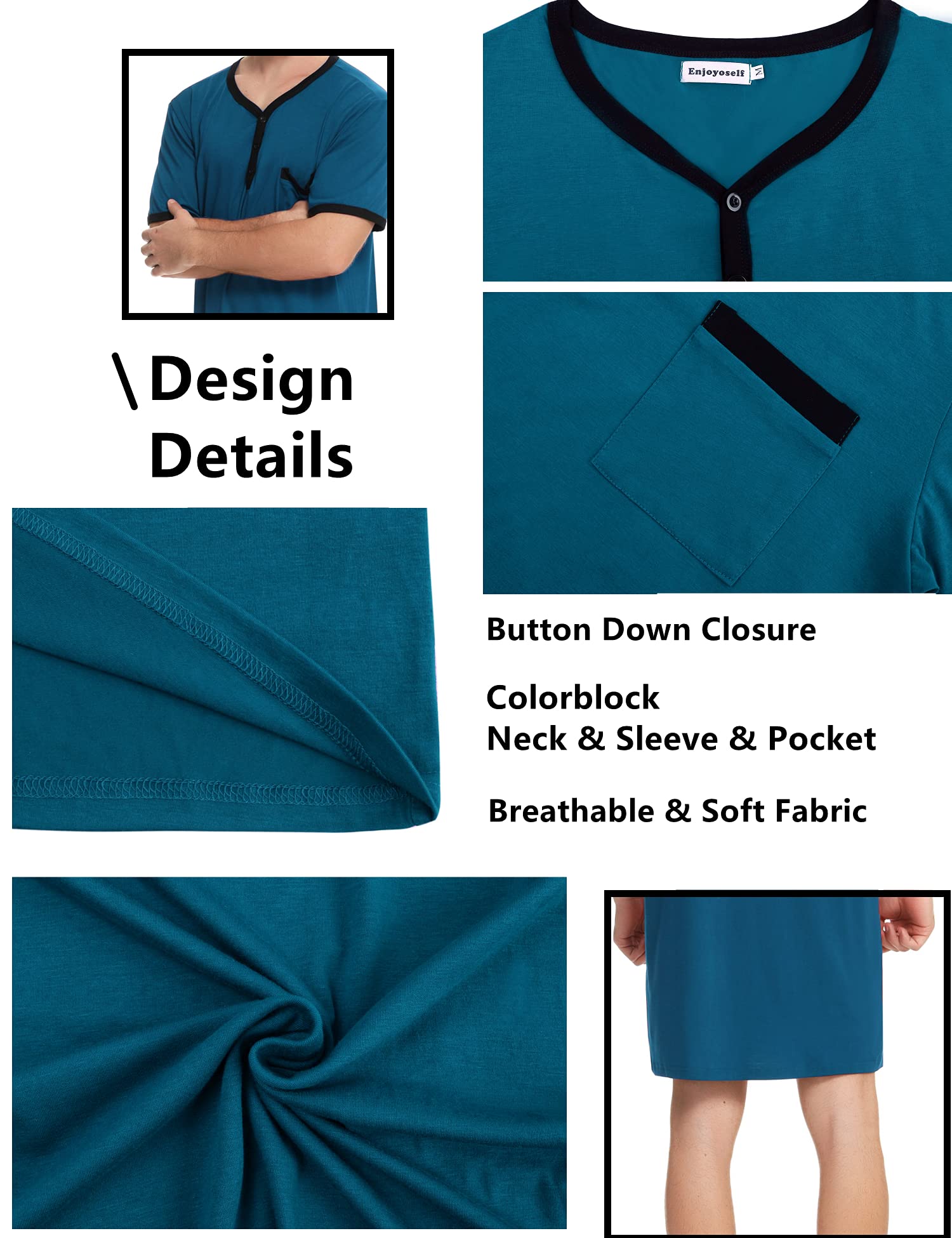 Enjoyoself Haut de Pyjama en Coton Doux et Respirant pour Homme, Longueur Genou, Chemises de Nuit à Manches Courtes, vêtements de Nuit