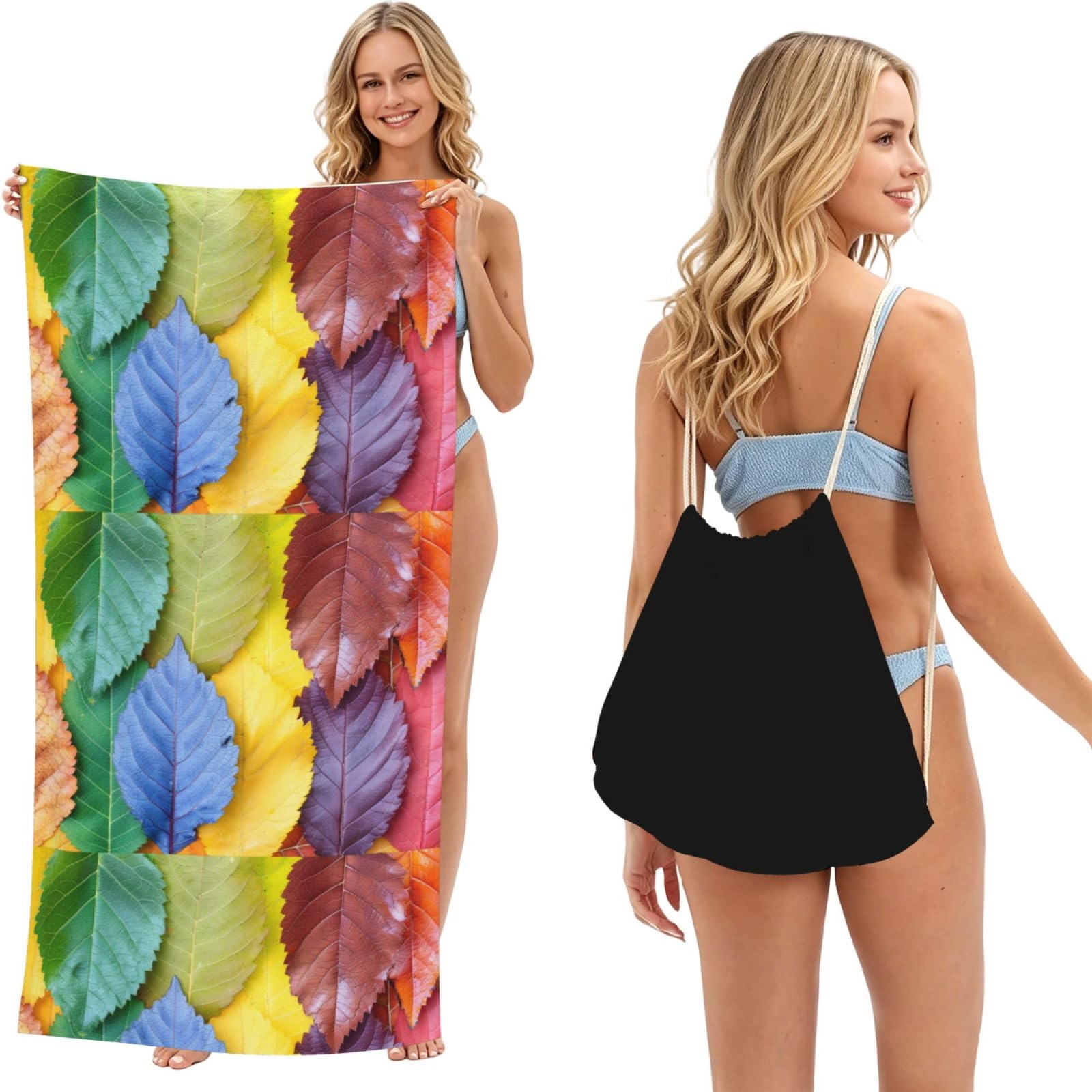 SKGOHLH Rainbow leaves 2in1 Packable Beach Towel Bag Women