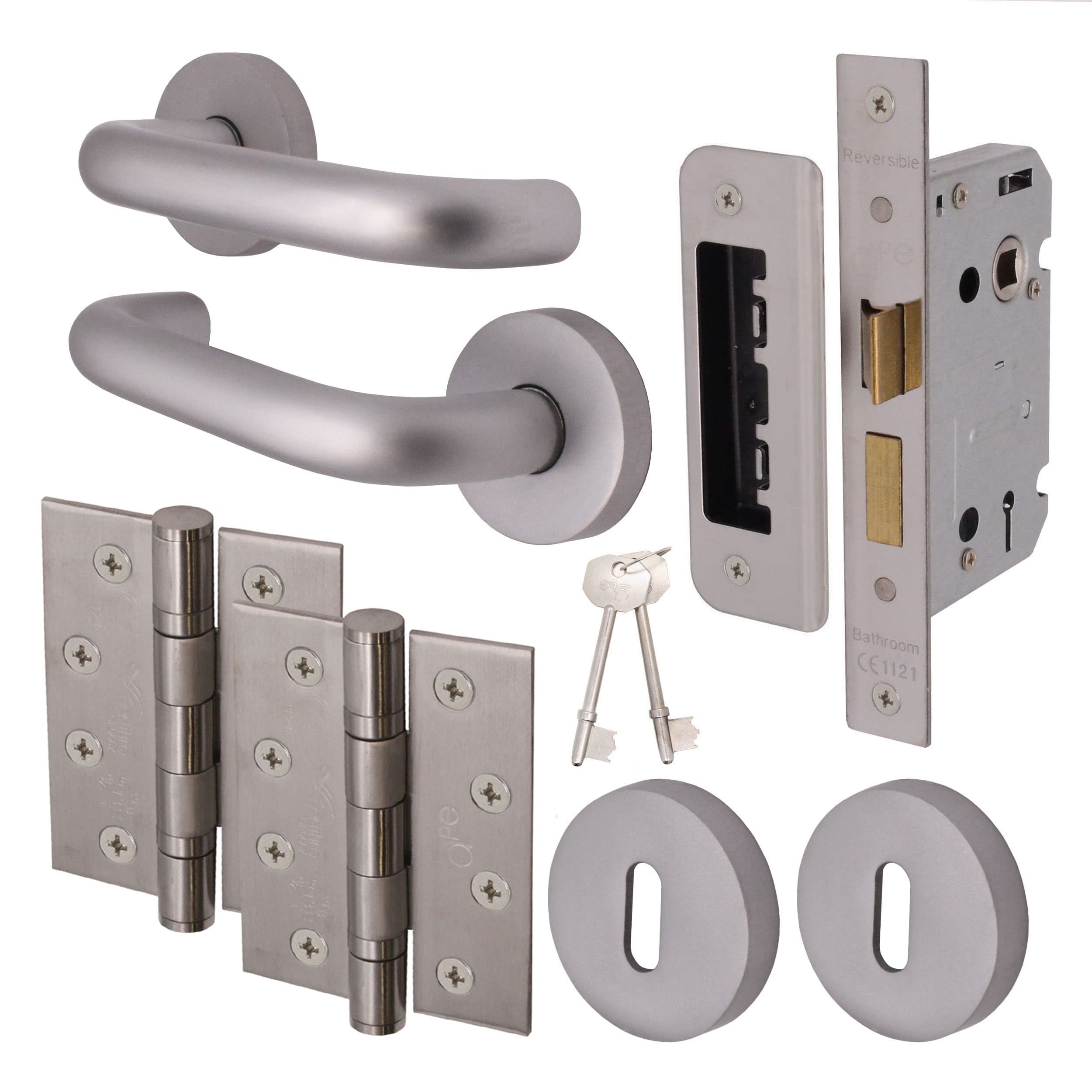 Eai Satin Return To Door Lever On Rose Handle Sash Lock Kit | Aluminium | 4 Inch Hinges