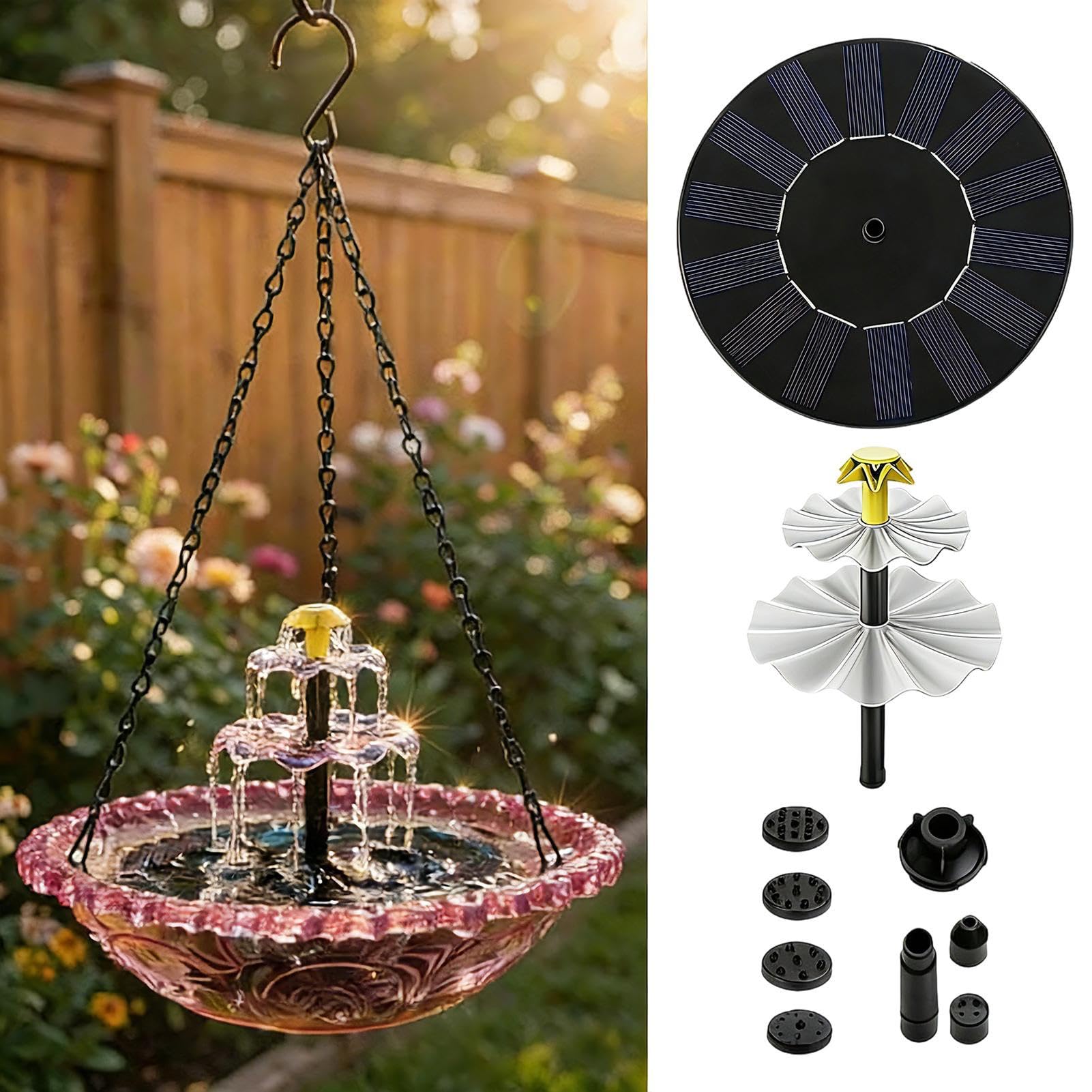 Solar Bird Bath Fountains - Solar Cascade Hanging Bird Bath Fountain, BirdBath And Feeder For Garden, Attracts Hummingbirds & Wild Birds, Birds Feeder Tray For Outdoor Garden Backyard Patio