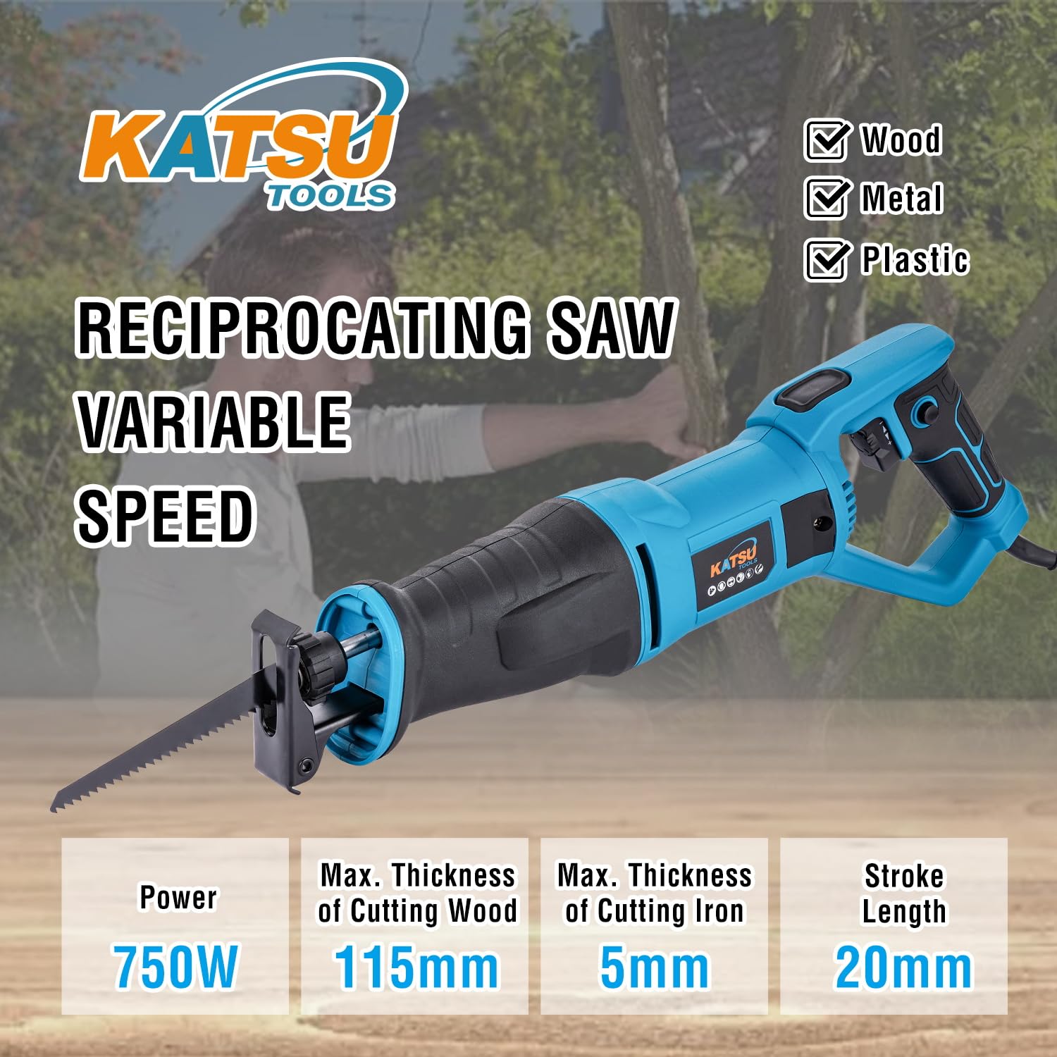 KATSU Tools Sierra alternativa de 750 W, carrera de 20 mm, 2800 rpm, velocidad variable, sierra de sable eléctrica con cable para cortar madera, metal y PVC