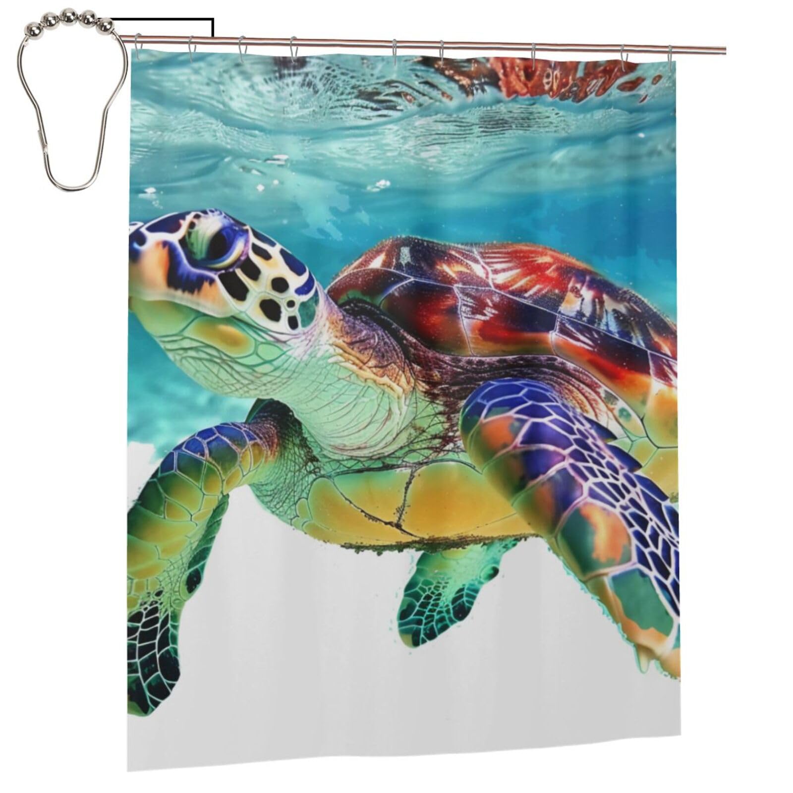 BWWHCCTI Sea Turtle Art Printed Shower Curtain With 12 Iron Hooks Opaque Quick Drying Waterproof Shower Curtains Sets For Bathroom 152x183 Cm