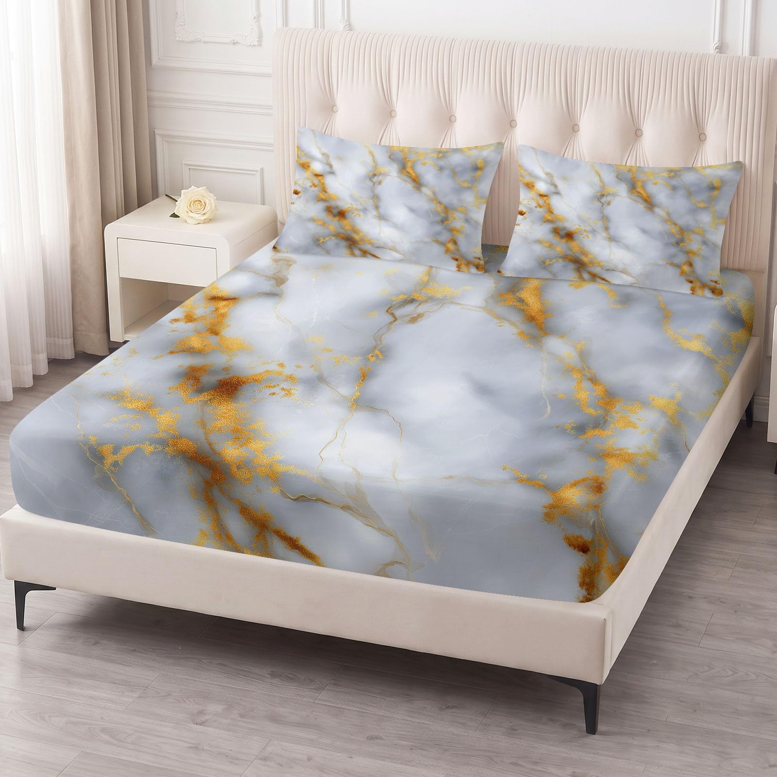 Spannbettlaken Abstrakt Bettlaken 140 x 200 cm Weiche Atmungsaktive Mikrofaser - Grau MarmorMuster Mineralien Spannbetttuch für Boxspringbett & Wasserbett Schlafzimmer Dekor, Steghöhe 30 cm