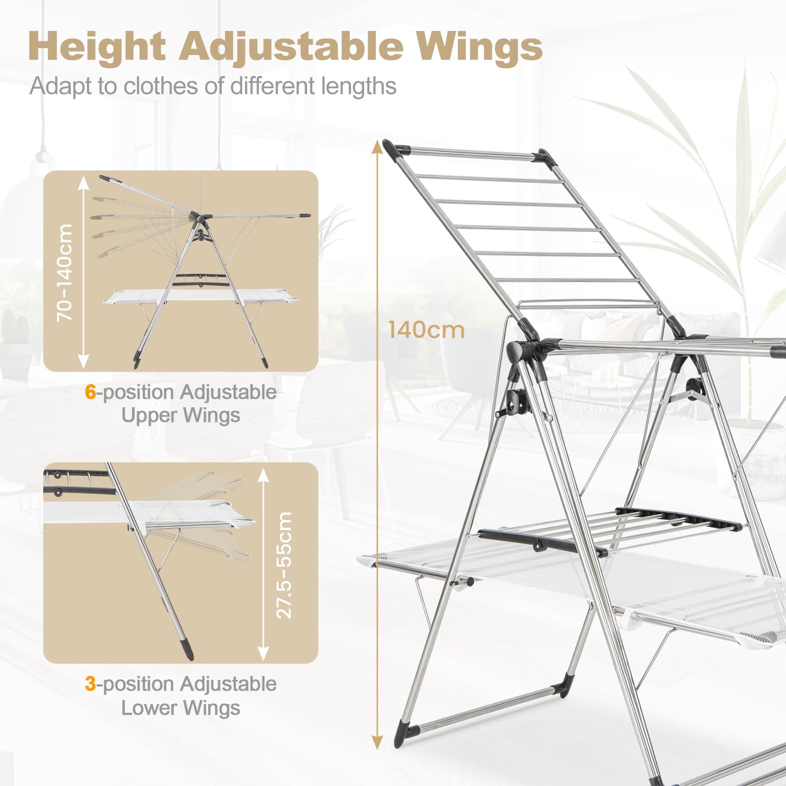 Giantex Wäscheständer, faltbar, mit 2 Ebenen, zusammenklappbar, mit hoher Aufhängung, nützlichen Clips, stabiler Stahlrahmen, verstellbare Flügel, 70 – 140 cm, für drinnen und draußen
