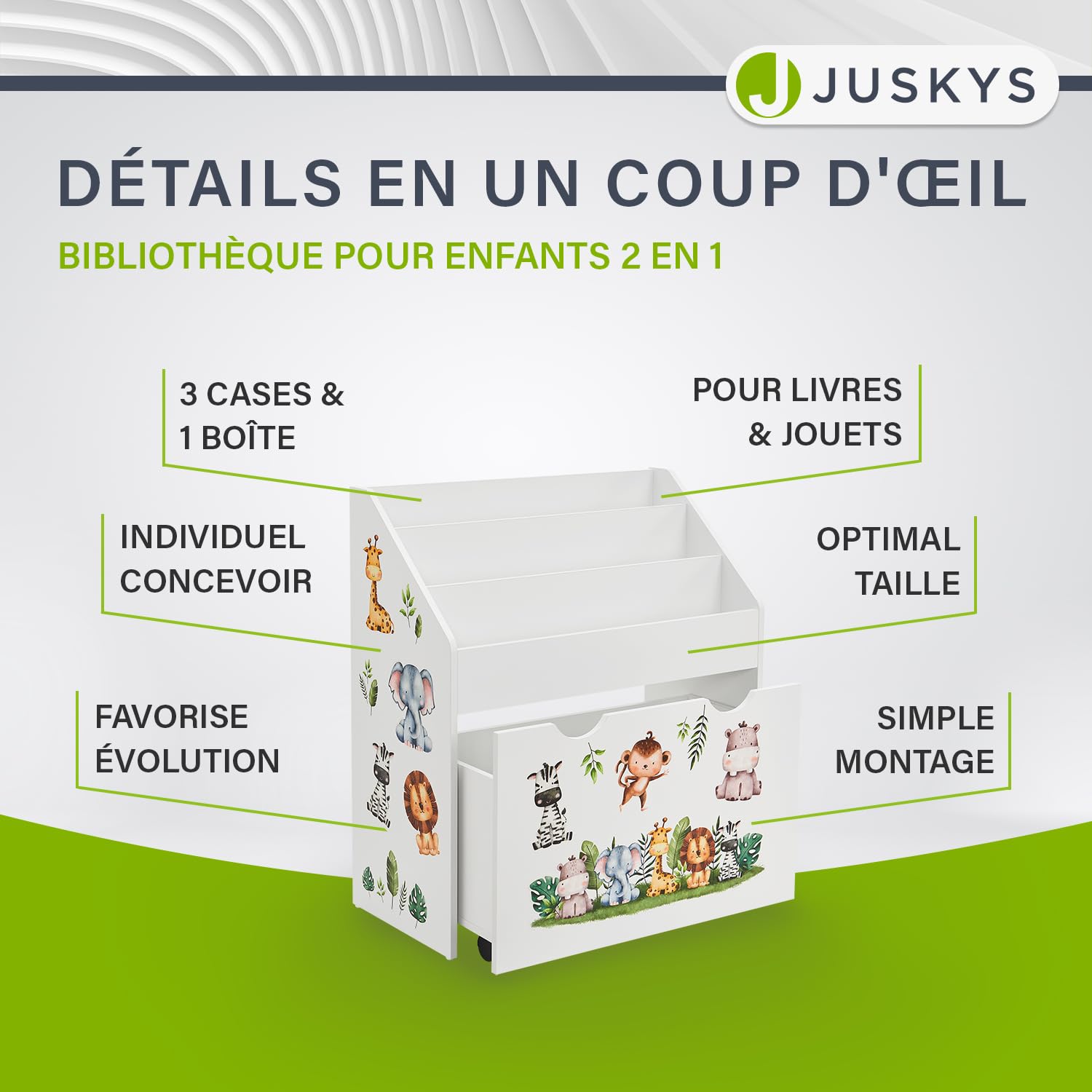 Juskys Bibliothèque pour Enfants avec 3 Compartiments et Coffre à Jouets – Étagère en Bois Blanc – 63 x 30 x 70 cm lPL – Rangement pour Livres et Jouets dans la Chambre d'enfant
