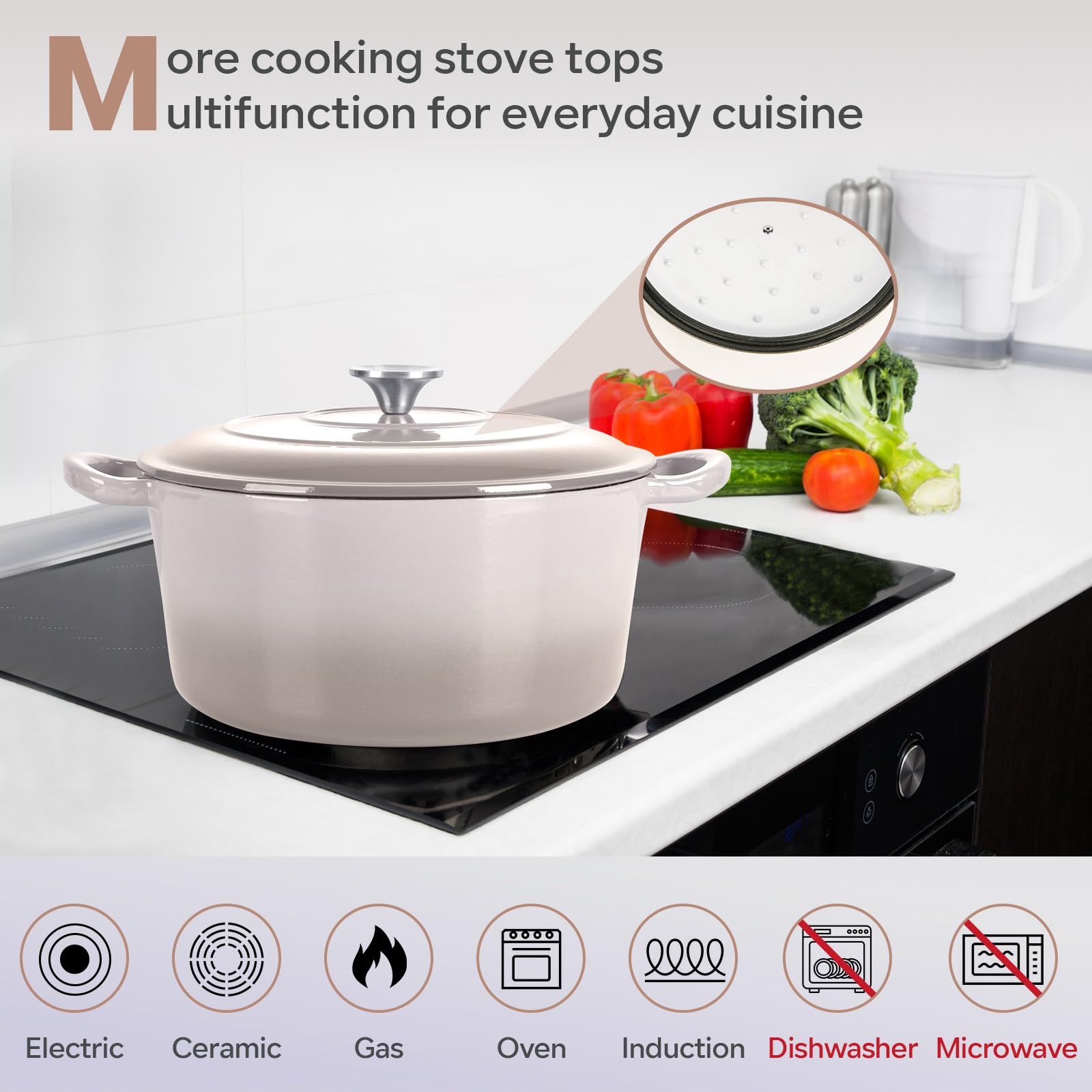 HaSteeL Horno holandés de hierro fundido de 6 cuartos de galón, olla esmaltada presazonada con tapa, utensilios de cocina redondos antiadherentes para hornear pan de masa madre, asar, estofar, freír,