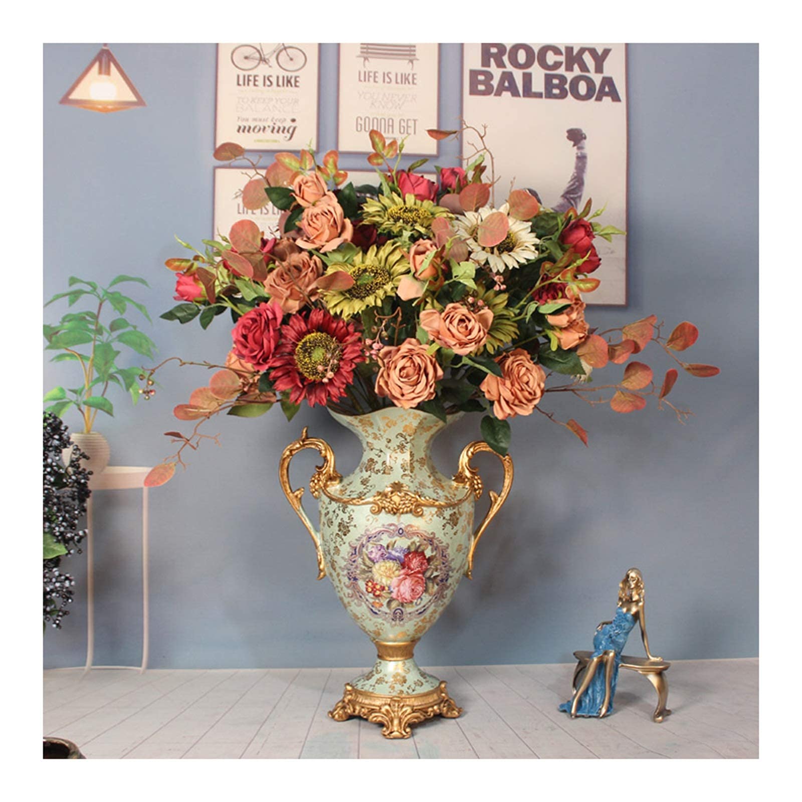 MYUYEE Artificial Flowers Faux Flowers Centerpiece - Simulation Fake Silk Flowers Bonsai, Mixed Artificial Flowers Bouquets In Resin Vase, Retro Faux Flowers Arrangements For Ho