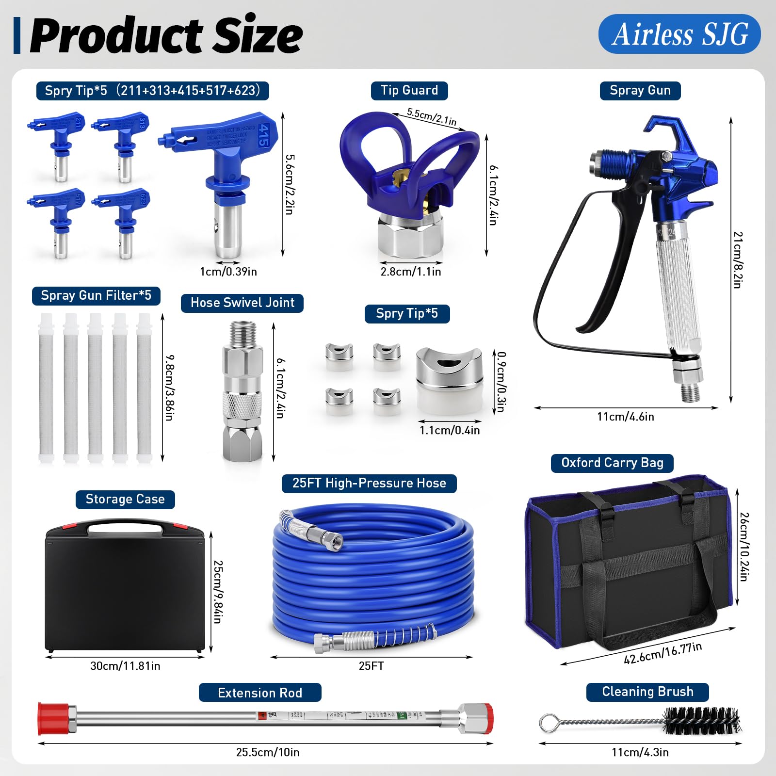 Kit de pistolet pulvérisateur de peinture sans air 18 pièces 3600 psi, avec tuyau haute pression de 7,6 m, tige d'extension, embouts de pulvérisation, filtres, protection de pointe, étui de rangement