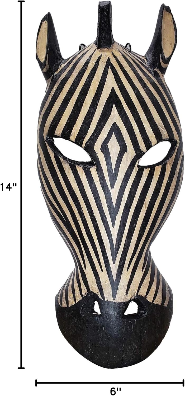 Stoneage Arts African Masks Wall Hanging Art Animal Hand Carving Safari Décor Wall Head Sculpture Decorative Wild Giraffe Zebra Faces and Listening Ears For A Majestic Display (14 Inch, ZebraFC)