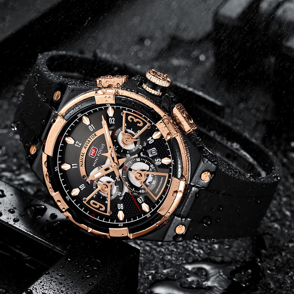 Montre de sport militaire étanche multifonction chronographe avec bracelet en silicone lumineux et décontracté pour homme, Rose noire.