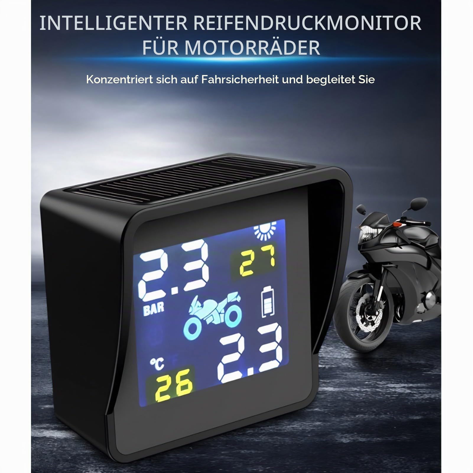 Diyeeni Motorrad-Reifendruckkontrollsystem Solar TPMS, LCD-Display mit Sechs Alarmmodi, Wasserdicht und Langlebig für Motorradroller