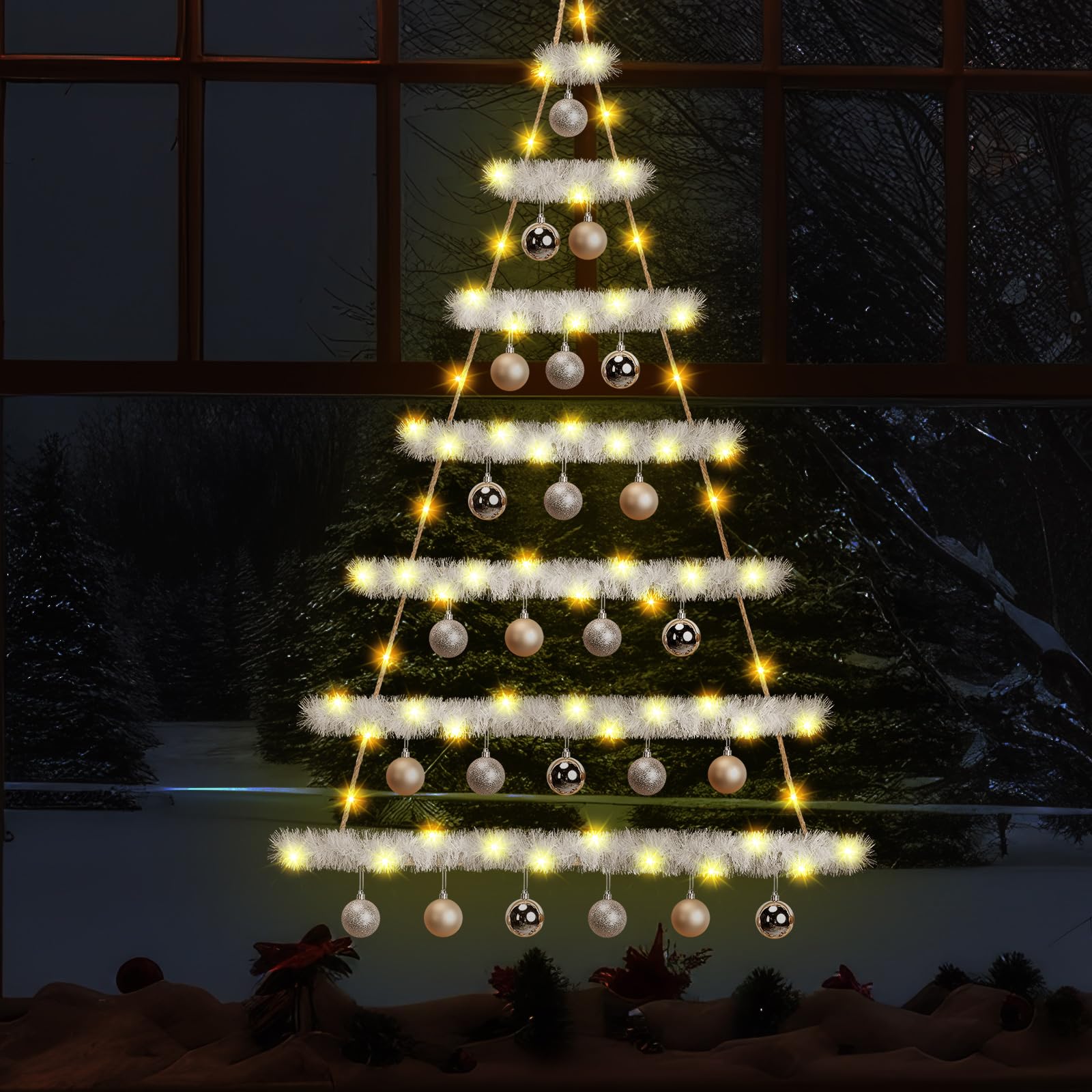 40 in Wall Hanging Mounted Christmas Trees Wood Ladder Tree Wall Hanging Christmas Decor with Christmas Tinsel Twist LED Light Metal Hooks for Holiday Party Supply(Classical Colors)