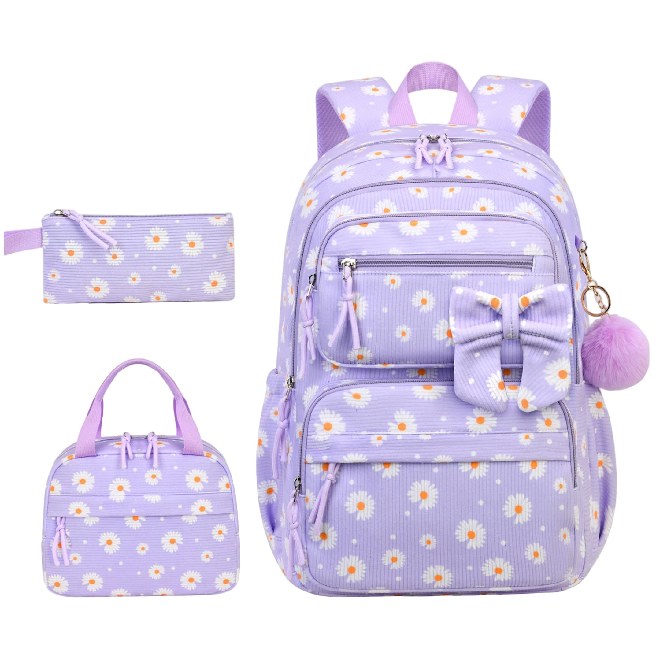 Zaino per ragazze da 3 pezzi/set con scatola per il pranzo e borsa con fiori carini con custodia Pecil viola