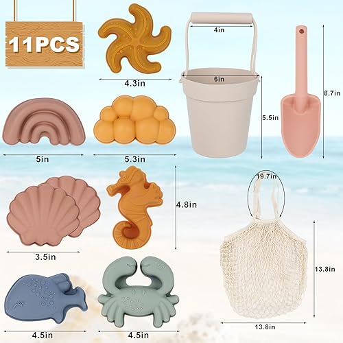 Miniatura 3 de AMOR PRESENT Juego de juguetes de playa de silicona, 11 piezas, moldes de silicona para cubo de arena, bolsa de pala, juguetes de playa modernos