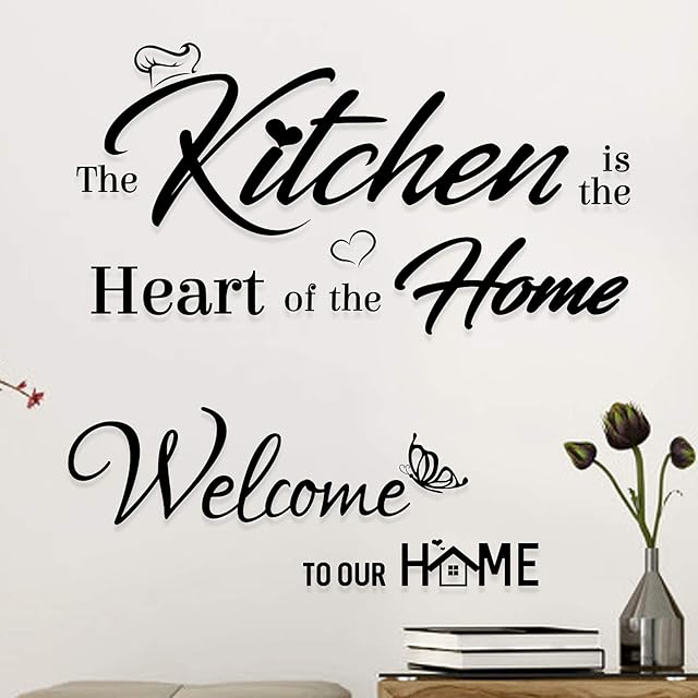 2 Pcs Welcome to Our Home and The Kitchen is The Heart of The Home Wall Decal Stickers PVC Letters Art Words Removable Window Living Room Kitchen Decoration for Party Christmas Day New Year (Black)