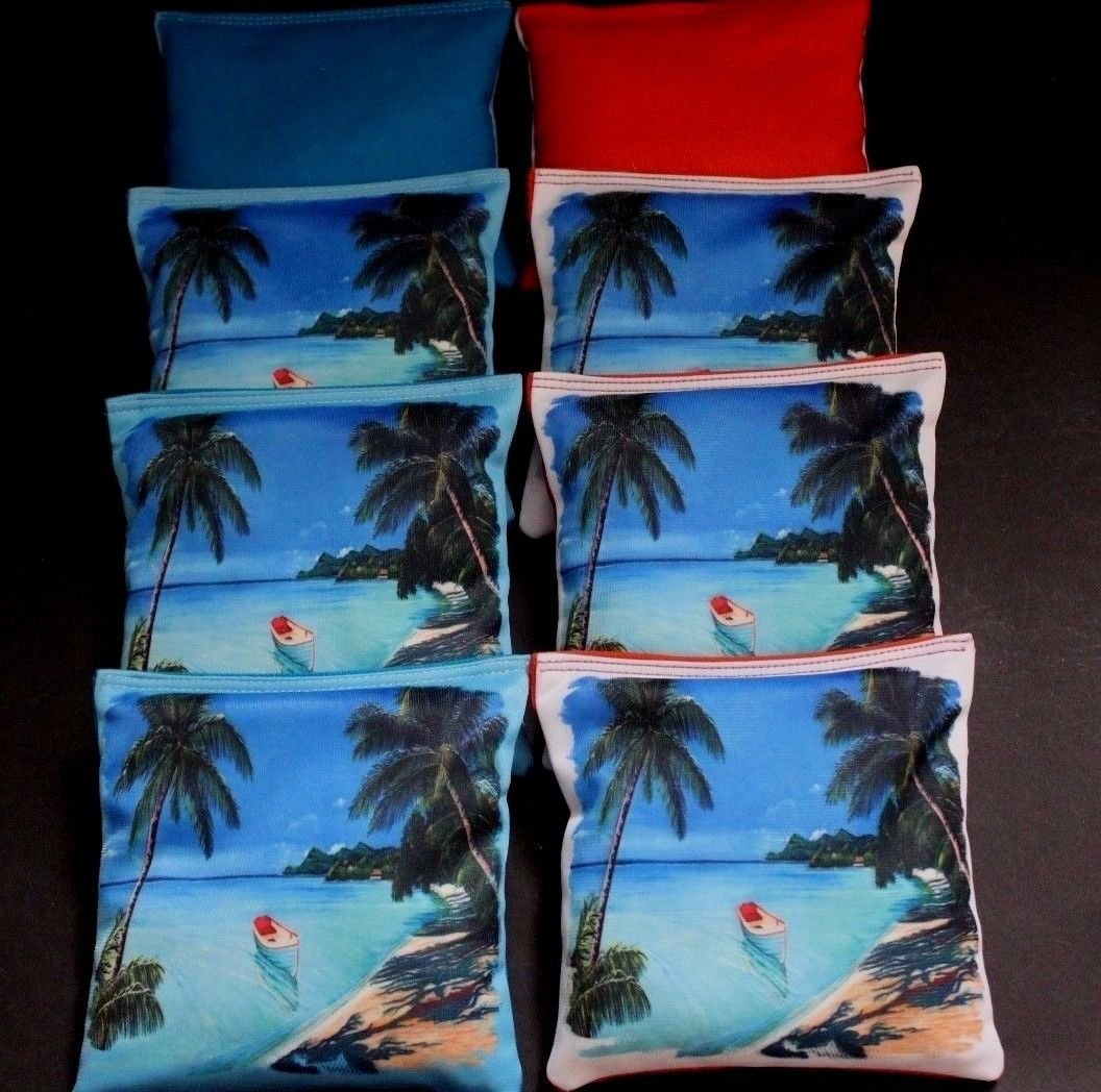 BackYardGamesUSA Tropical Paradise Island Beach Palm Trees Set of 8 Regulation Cornhole Bean Bags B150