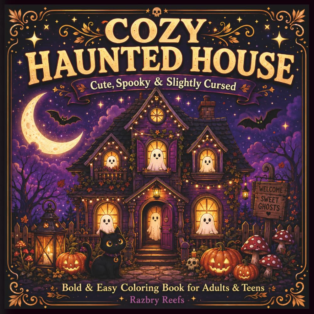 Cozy Haunted House Coloring Book: Cute Spooky Rooms, Friendly Ghosts, Witchy Corners, and Cozy Halloween Coloring Pages for Adults and Teens