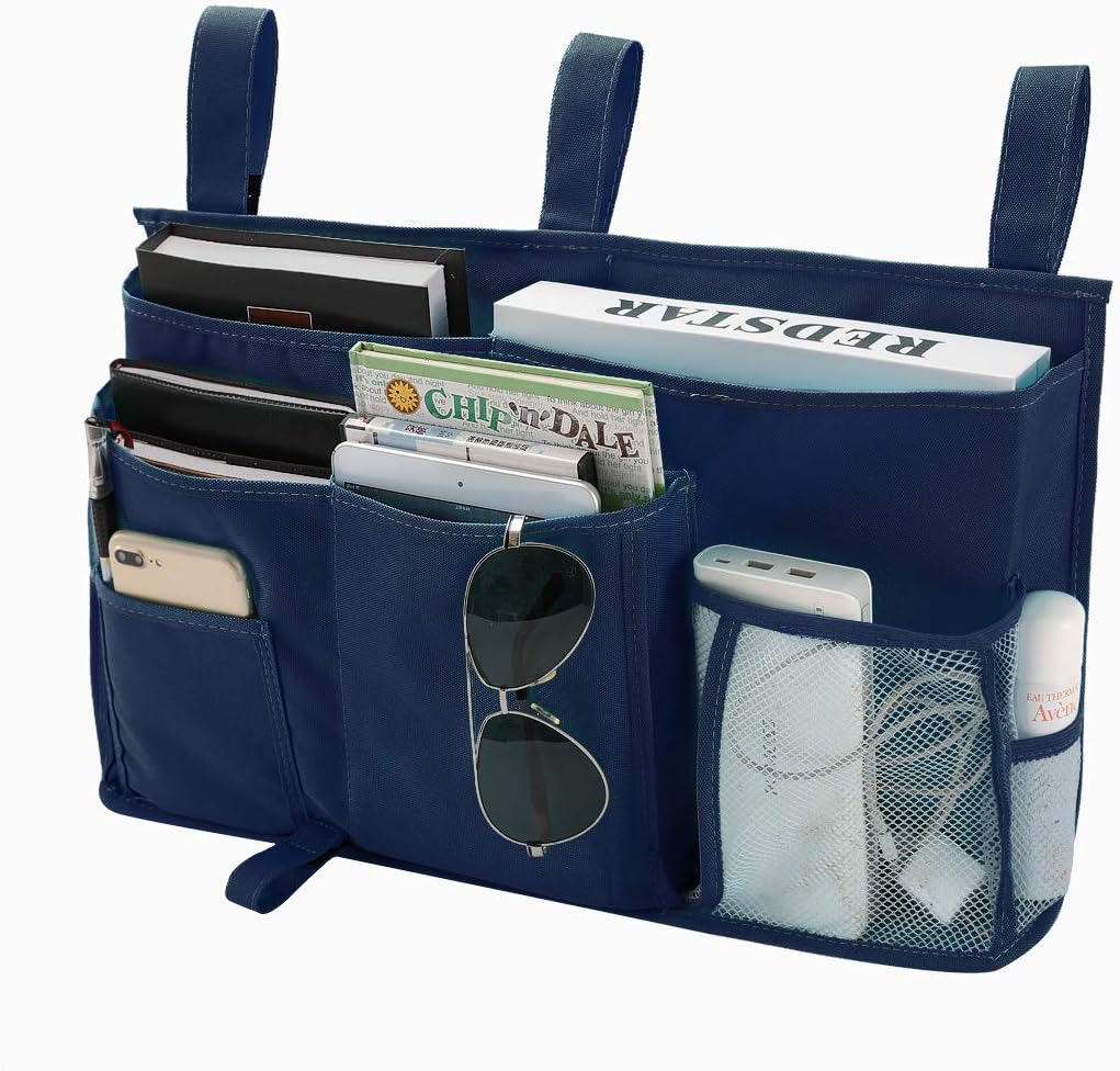 Bseash Bunk Bed Organizer, Bedside Caddy Hanging Bed Organizer Storage Bag 8 Pockets, for College Dorm Rooms Bed, Hospital Bed, Baby Bed Rails, 600D Oxford Cloth (Navy Blue)
