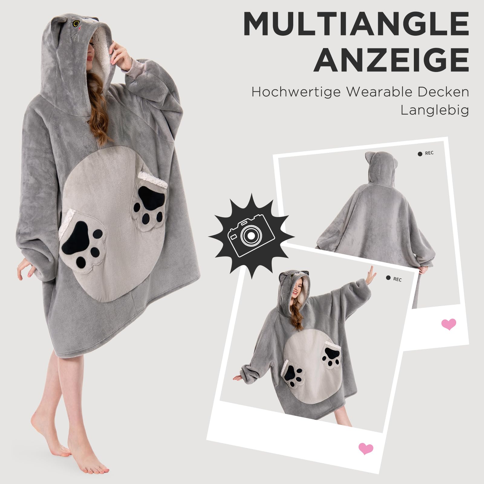 OLAOLA Blaue Katze Decken-Hoodie Unisex, Oversized Sherpa Kuscheldecke