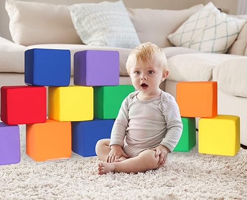 Miniatura 13 de Bloques de espuma para niños pequeños, 16 cubos suaves de espuma de colores de 5.5 pulgadas para niños, juegos de bloques de construcción de Azul