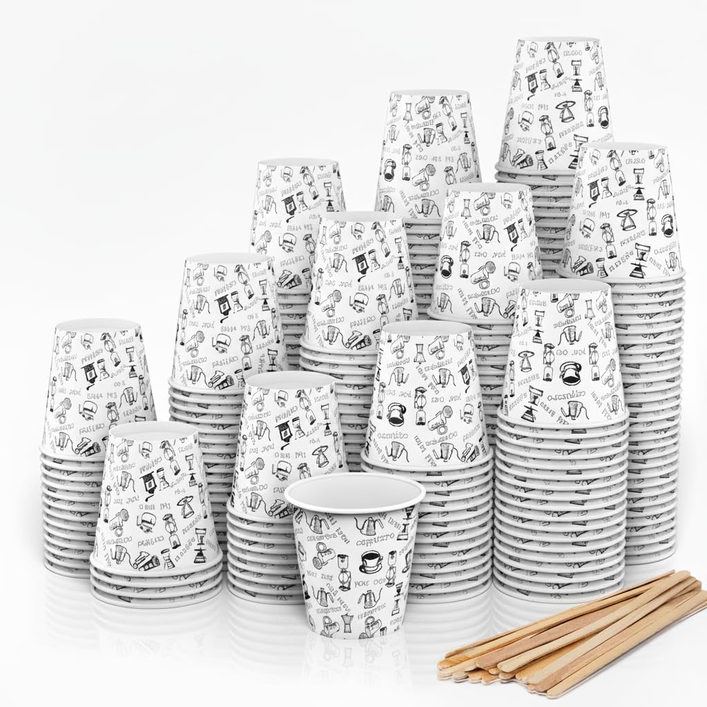 CupCup 280 Espresso Pappbecher 110 ml mit Rührstäben aus Holz für Kaffee zum Mitnehmen