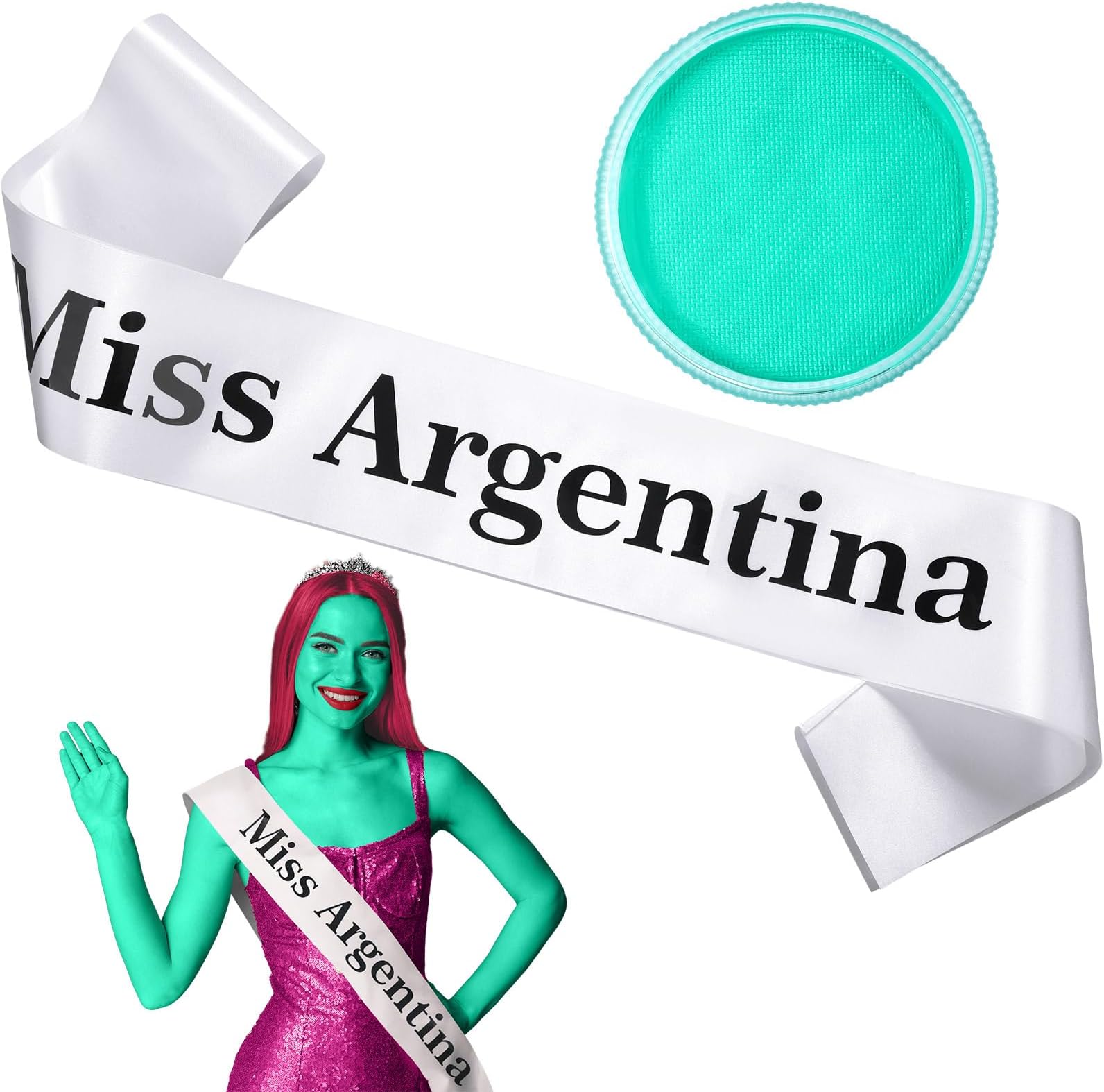 YinkinYinkin 2 Pcs Halloween Miss Argentina Sash Costume with Teal Argentina Face Paint Makeup Miss Dead Halloween Cosplay Outfit for Women Halloween Cosplay Party Outfit Accessories Decorations Supplies