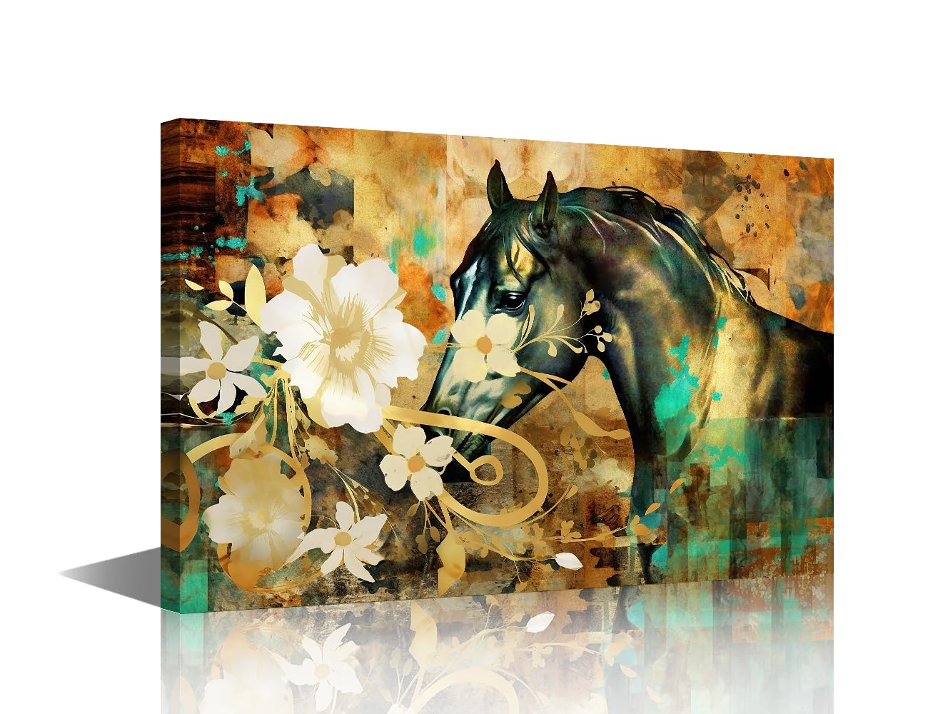 Animal Portrait Picture Wall Art 1 Panels - Black Green Horse Head Canvas Prints Modern Golden Abstract Artistic Background Artwork for Bedroom Living Room Kitchen Bathroom Study (12"Wx18"H)