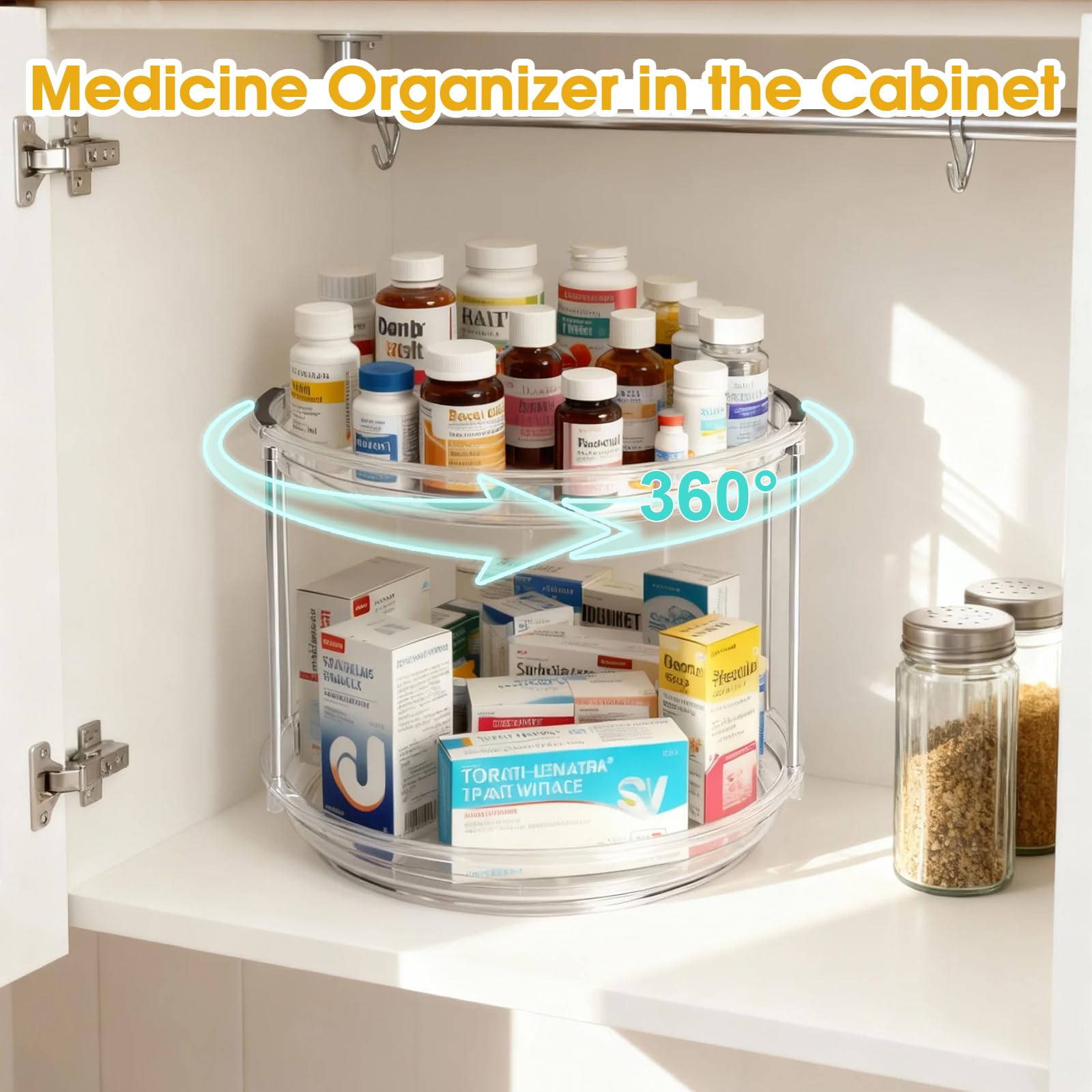 Confezione da 2 organizer per armadietto dei medicinali, organizer rotativo per medicine e bottiglie di vitamine, organizer sotto il lavandino per medicine, armadietto da bagno, facile da montare
