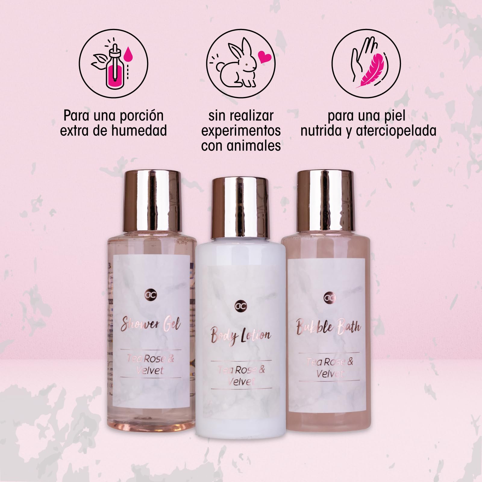 Accentra Set de baño MÁRMOL 3 piezas Gel de ducha, baño de burbujas, loción corporal rosa