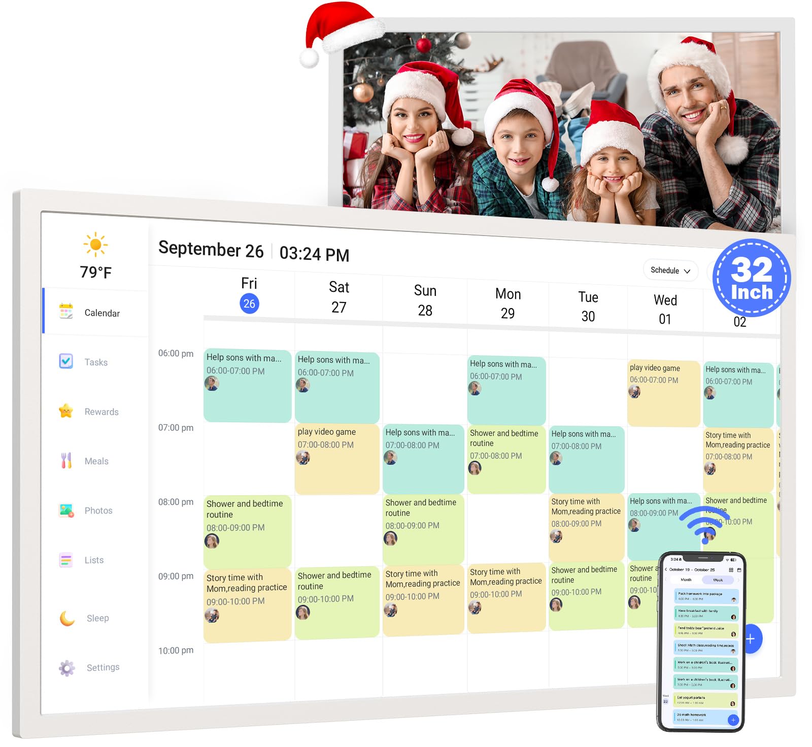 Smart Digital Calendar & Chore Chart for Family Schedules – 32 Inch Smart Touchscreen Interactive Display, Dual-WiFi, Auto-Sync Google iCloud Outlook