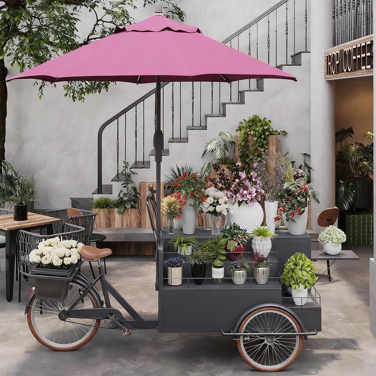 Carrello da Vendita Mobile a Triciclo, Food Truck Mobile a Triciclo per succhi, Carrello per Fiori con ombrelloni spinto a Mano, per la Vendita di Cibo da Strada,D