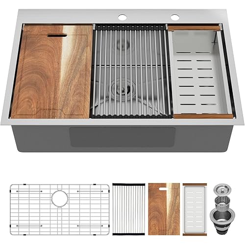 33x22 Drop In Kitchen Sink Workstation - MERYIAO 33 Inch Stainless Steel Sinks Topmount 16 Gauge Single Bowl Above Counter 9" Deep Sinks with Accessories
