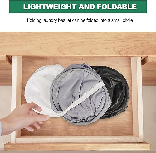 Miniatura 4 de Cesto de lavandería desplegable de 3 piezas, cesta de malla plegable, 2 compartimentos, cestas plegables de malla para lavandería, bolsa plegable
