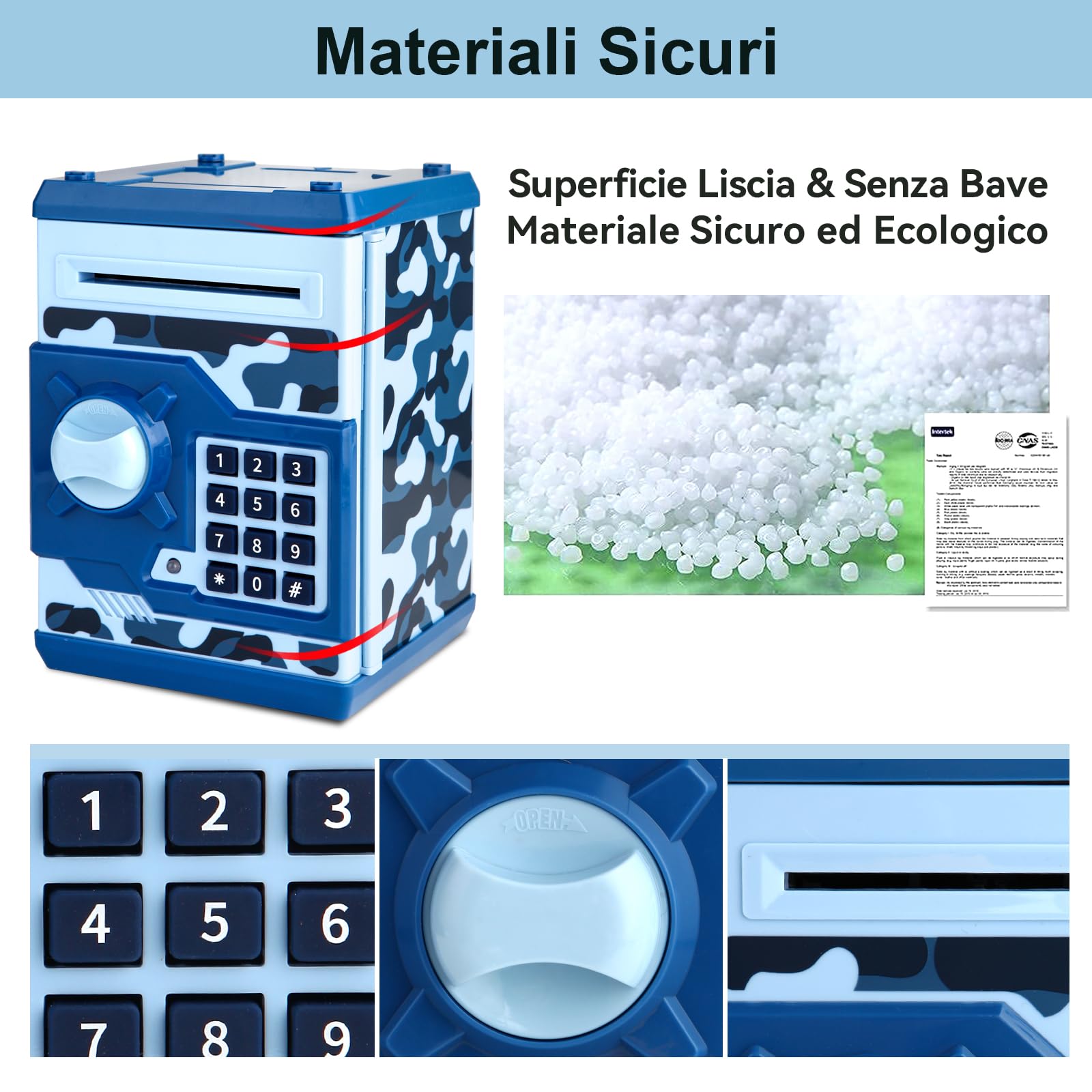 Pup Go Salvadanaio Elettronico ATM per Bambini 3-12 Anni, Regalo Natale per Ragazzi, Cassaforte con Codice per Monete & Banconote, BancoMat Giocattolo con Ricevuta Automatica (Blu)