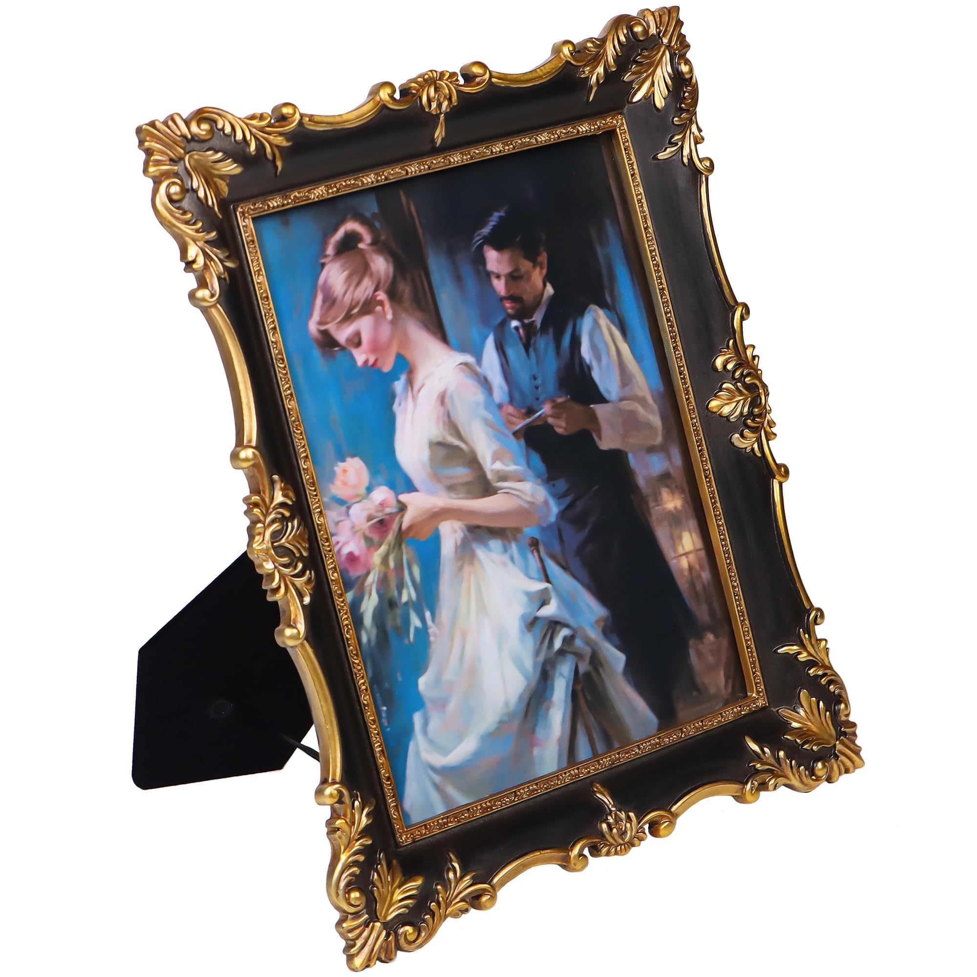 MXMHOME 8x10 Picture Frame, Ornate Photo Frame Black & Gold, Hand-Crafted Resin Table Top Frame, Hanging Frames with Easel, Hook, for Home Decor