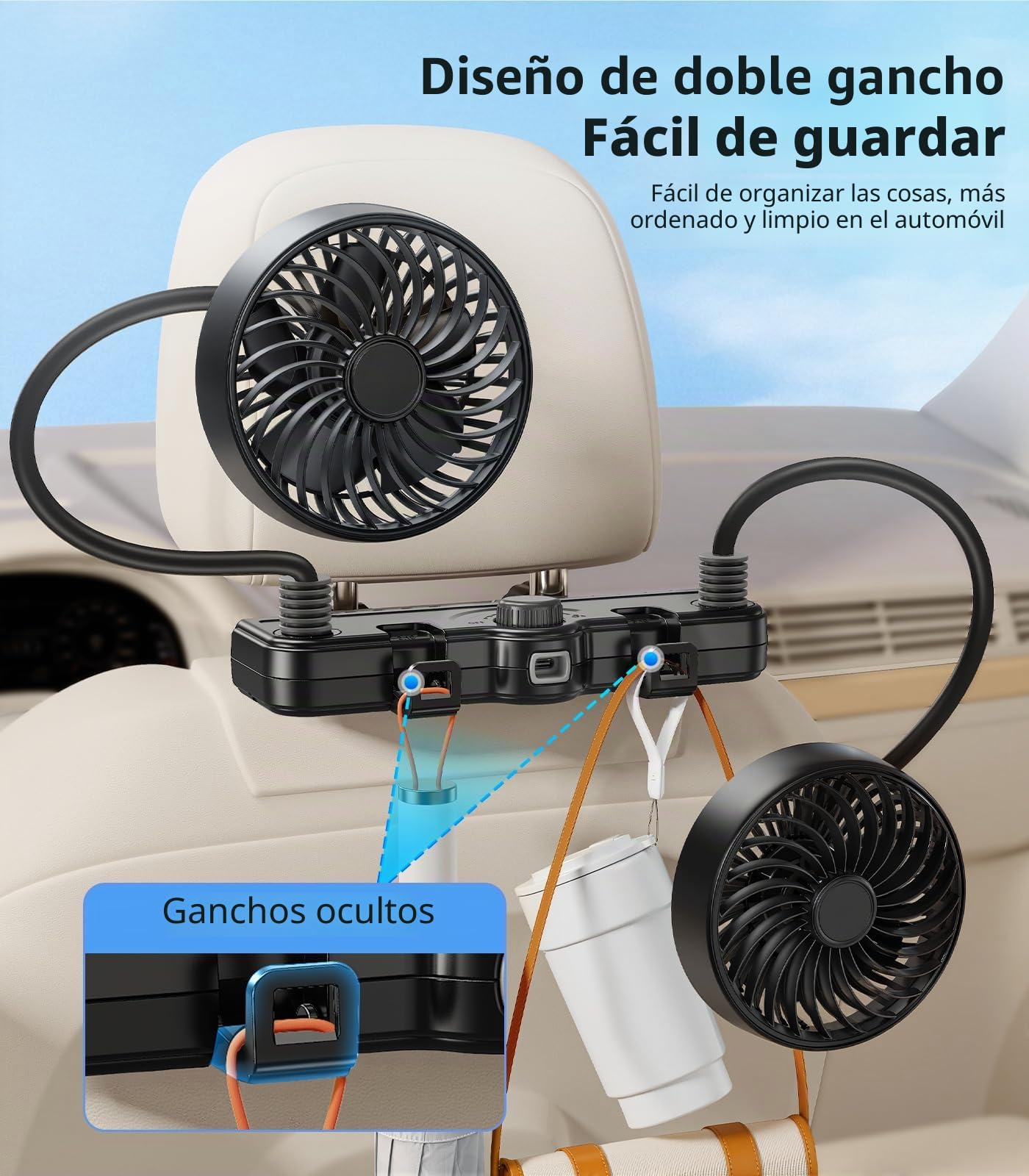 Ventilador recargable de 3000 mAh de doble manguera 360 para coche, SUV, RV, camioneta, reposacabezas de vehículo, ventilador de asiento de coche para bebés y niños, orientación trasera